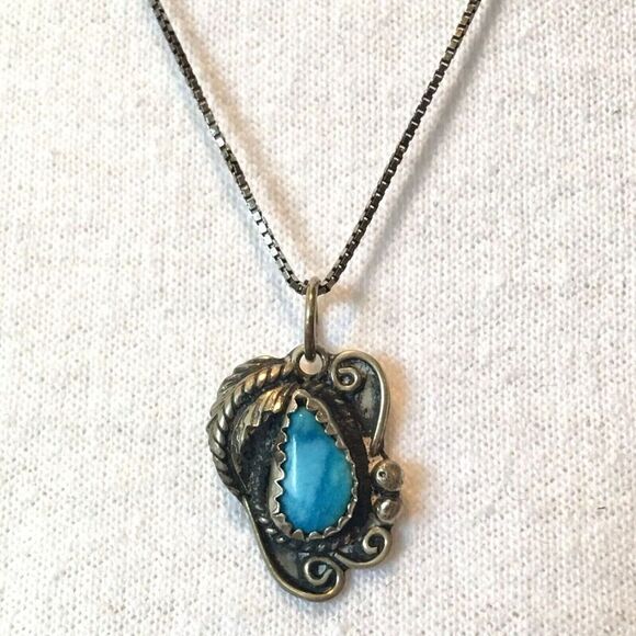 Vintage Turquoise Pendant Sterling Silver Necklace 925 18.5" Box Chain Feather - Picture 12 of 12